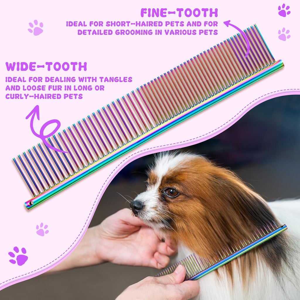 Moontay steel pet grooming comb detangling dense dog fur during styling.