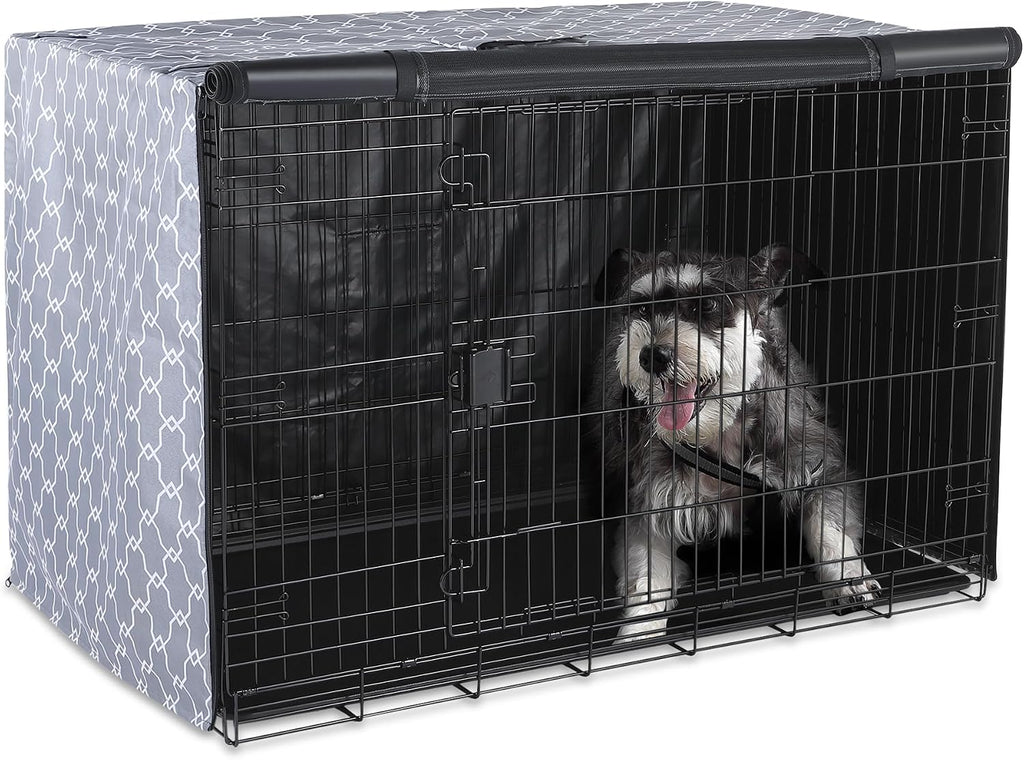 Amazon Basics dog cage cover with front panel rolled up