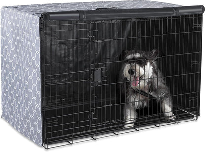 Amazon Basics dog cage cover with front panel rolled up