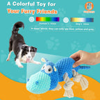 TOOPTATE blue hippo pet toy highlighting the internal squeaker and crinkle paper tail