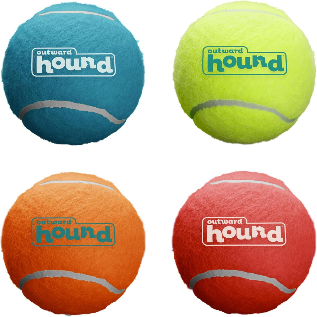 Outward Hound SqueakerBallz front view of four pack colorful medium dog tennis balls