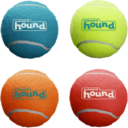 Outward Hound SqueakerBallz front view of four pack colorful medium dog tennis balls