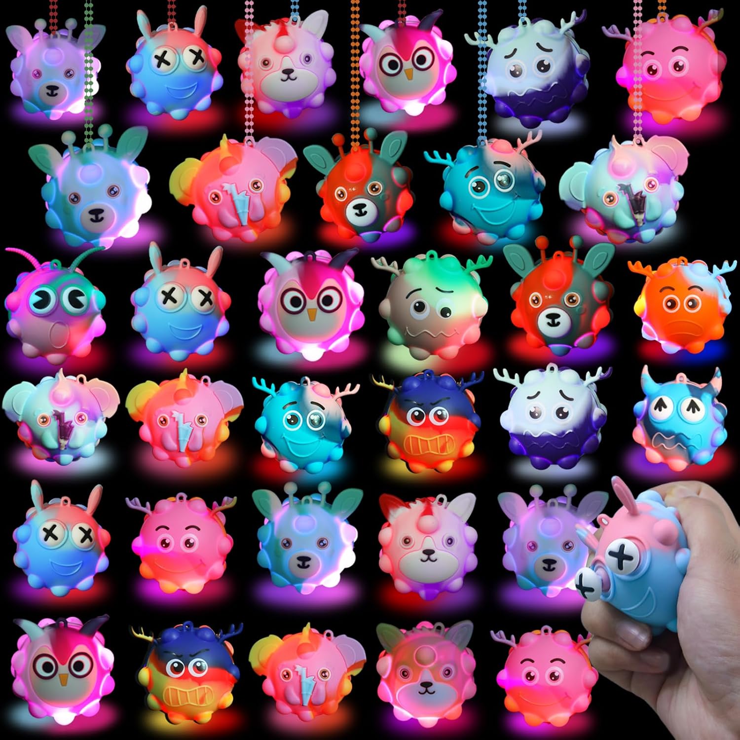 Supovil light up party favors forty eight pack front view showcasing colorful three dimensional animal pop fidget balls