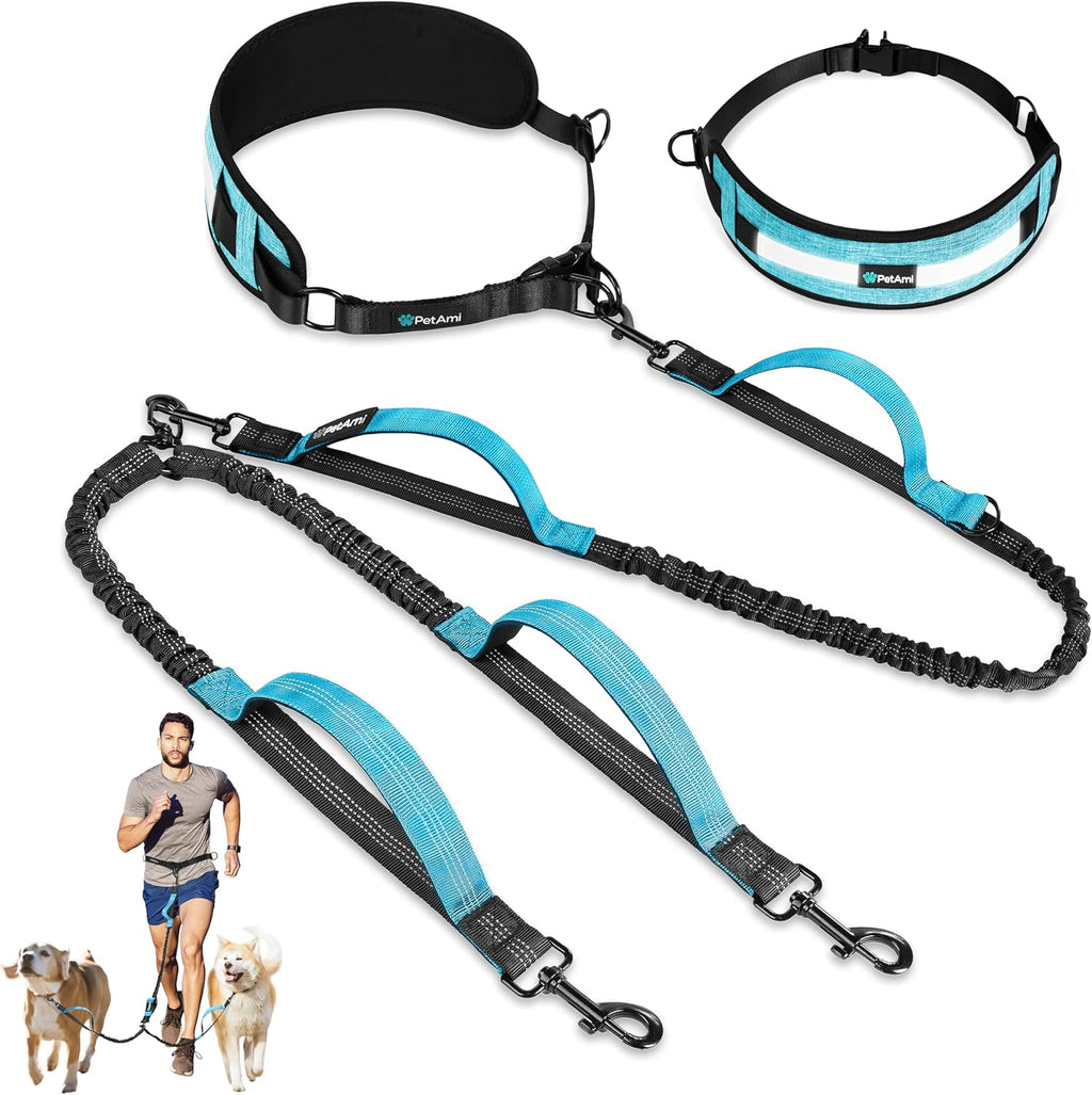 PetAmi Hands Free Double Dog Leash with Padded Lumbar Waist Belt, 360 No-Tangle Swivel Coupler, Bungee Shock Absorbing Dual Leash for Two Dogs Medium Large, Reflective, Purple - Image 9