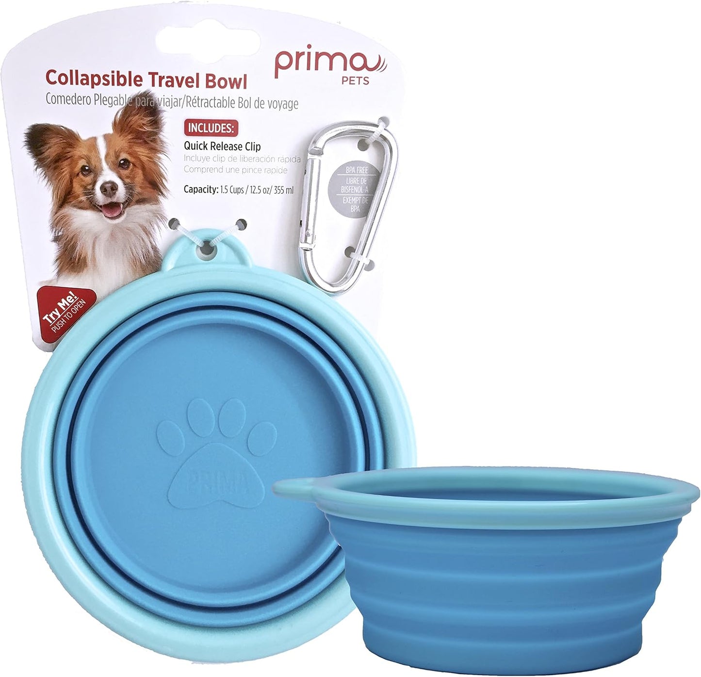 Prima Pets collapsible travel bowl front view aqua color for dogs and cats