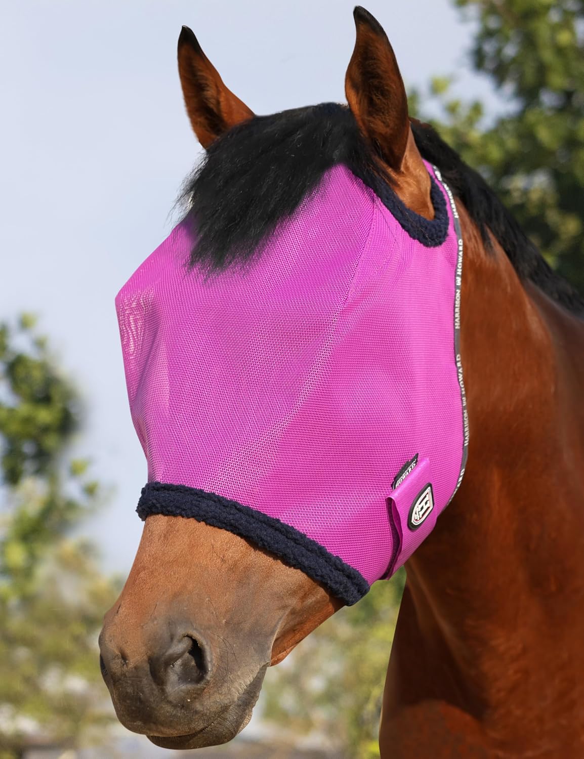 Harrison Howard All Round Mesh Horse Fly Mask UV Protective with Fleece Padded Edging Magenta L - Image 11