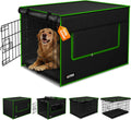 GUYISS dog crate cover front view showing premium black waterproof fabric on a wire kennel.