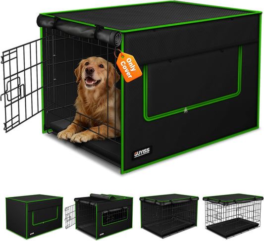 GUYISS dog crate cover front view showing premium black waterproof fabric on a wire kennel.