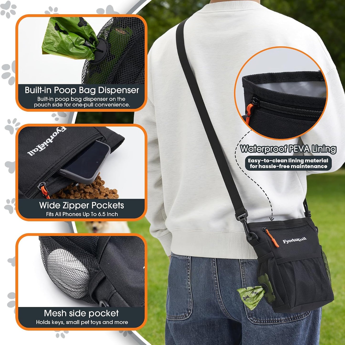 Fyorbietail black treat holder being opened with one hand demonstrating magnetic closure