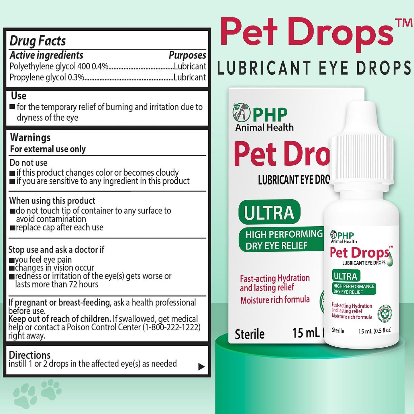 Pet Health Pharma eye drops for dogs and cats showcasing active ingredient labels