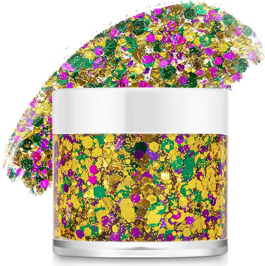 Xiahium Mardi Gras Gold Hair Face Glitter gel jar front view showcasing the holographic gold green and purple sequin mix.