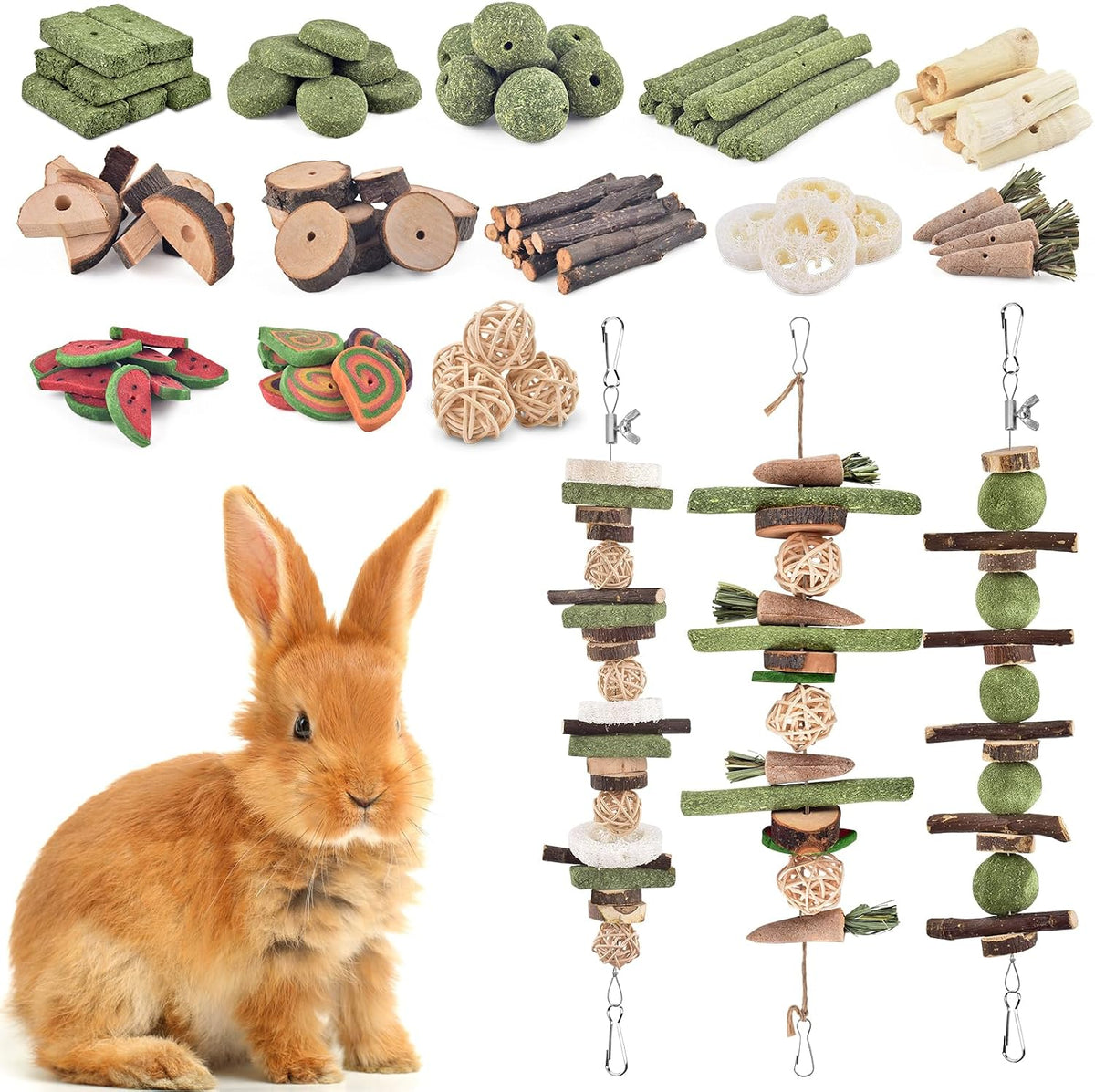 Small rodent pet interacting safely with natural wood molar toys.