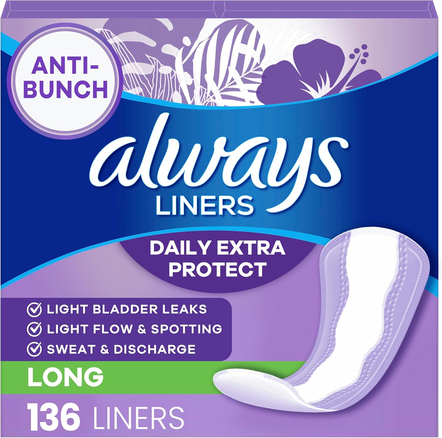 Always Daily Extra Protect Liners front view of 136 count pack