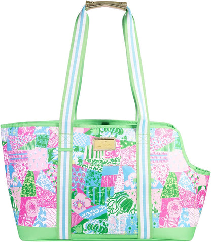 Lilly Pulitzer Small Pet Carrier with Removable Padded Insert, Shoulder Straps, 60 lb Capacity, Open-Top with Gold Buckle Closure & Safety Clip, and Exterior Pocket (Crazy Quilt Home) - Image 2