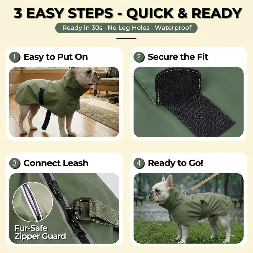 SKIPGEAR waterproof pet jacket highlighting the adjustable high collar and neck drawstring
