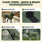 SKIPGEAR waterproof pet jacket highlighting the adjustable high collar and neck drawstring
