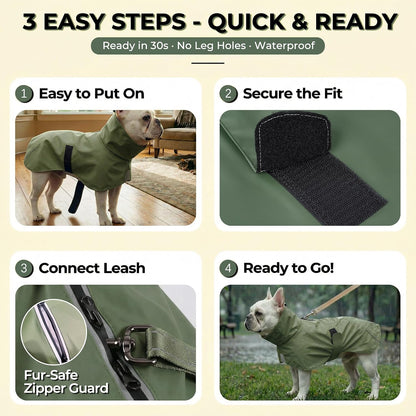 SKIPGEAR waterproof pet jacket highlighting the adjustable high collar and neck drawstring