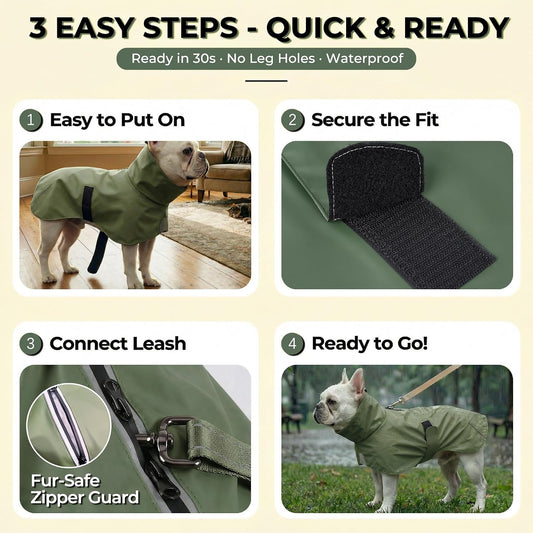 SKIPGEAR waterproof pet jacket highlighting the adjustable high collar and neck drawstring