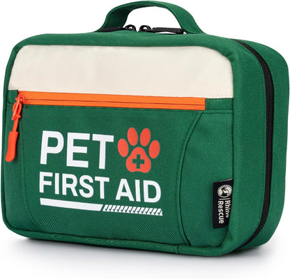 Rhino Rescue Dog First Aid Kit front view of the compact green and cream pet emergency bag.