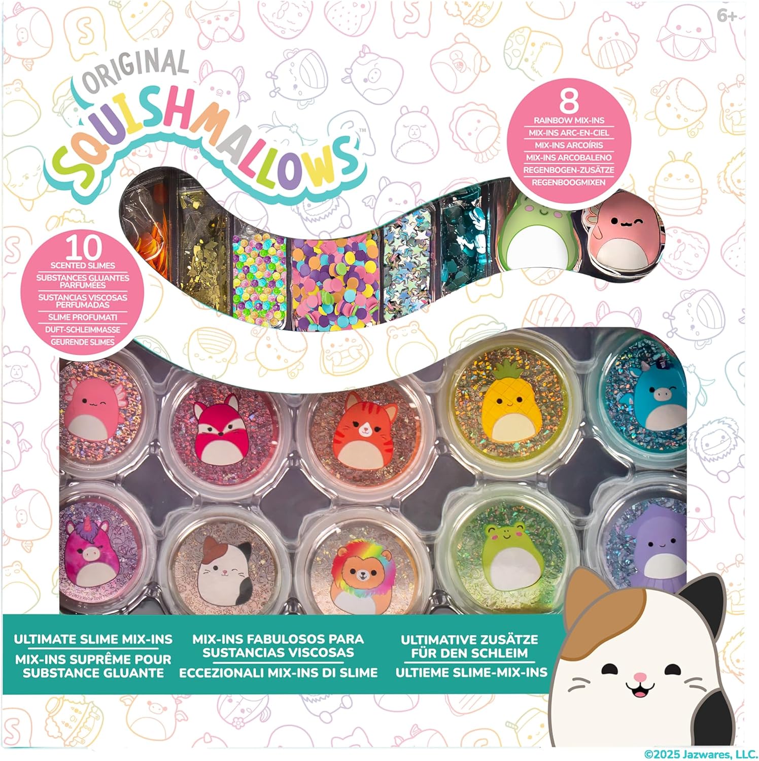 Squishmallows Original Ultimate Scented Slime MixIns 10-Pack front packaging view highlighting colorful jars.