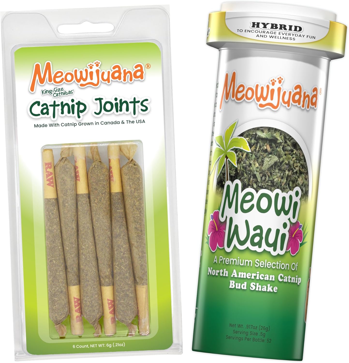 Meowijuana Meowi-Waui Bundle front packaging showing the catnip bottle and rollies pack.
