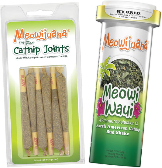 Meowijuana Meowi-Waui Bundle front packaging showing the catnip bottle and rollies pack.