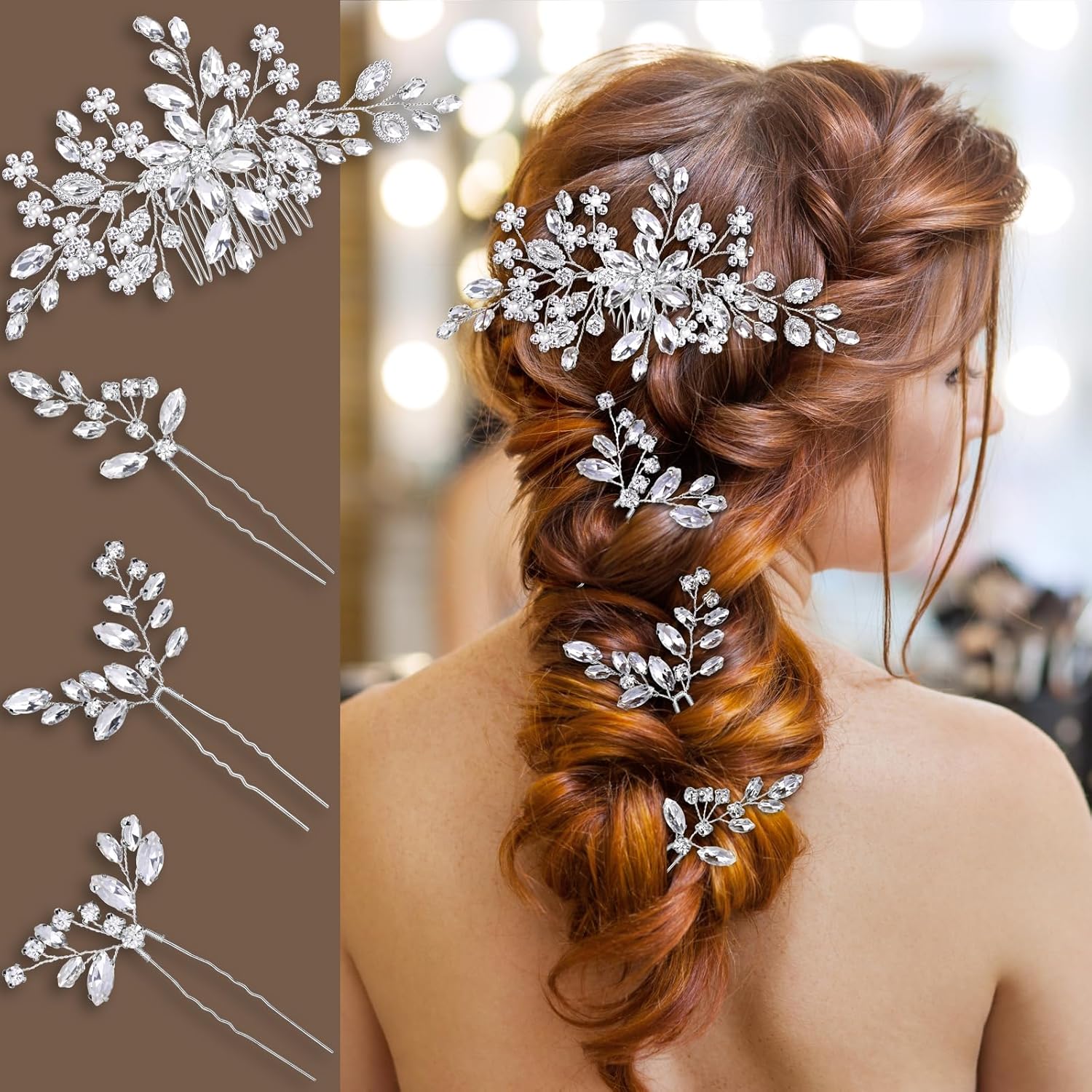 IRYCSSCE wedding hair accessories bridal headpiece front view showing silver rhinestone flower design