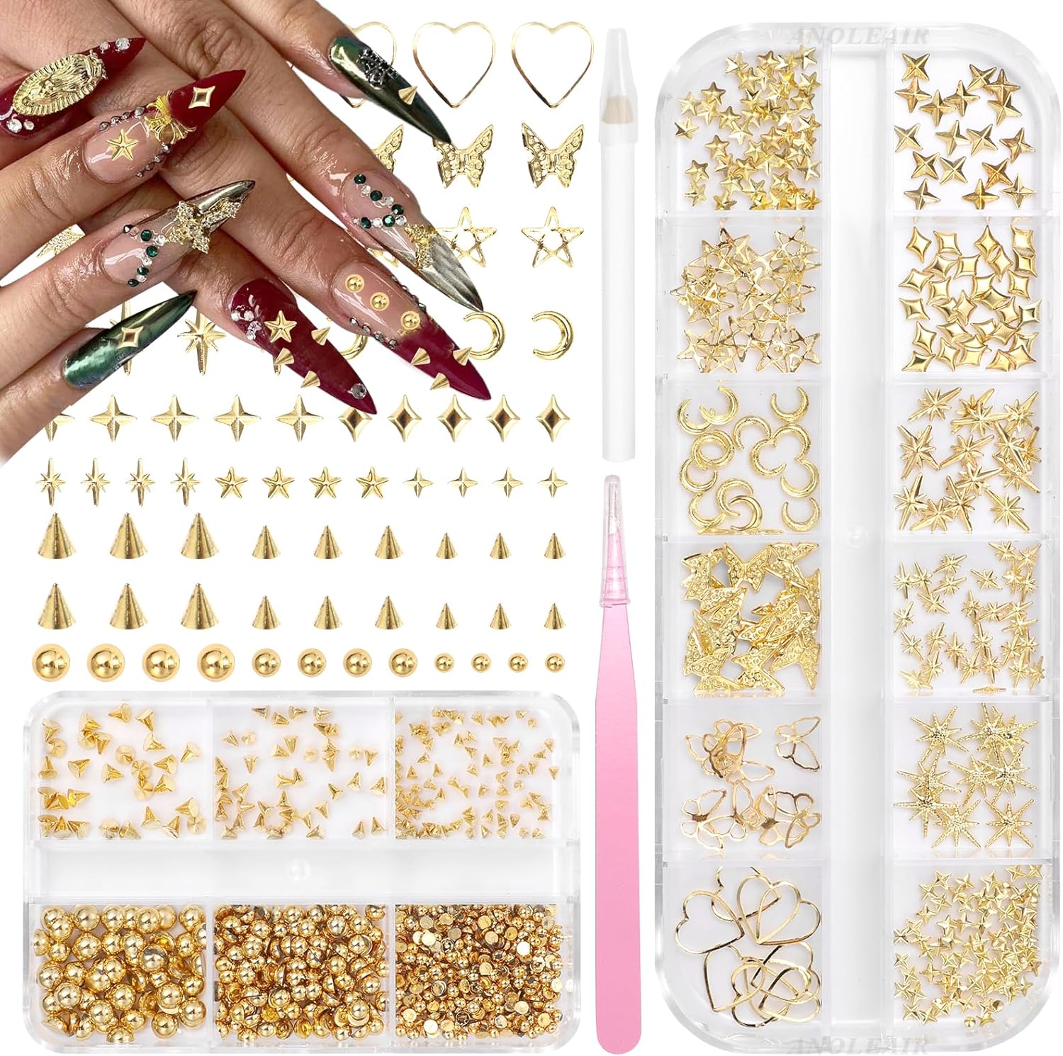AnoleAir 3D gold nail art spike metal studs set