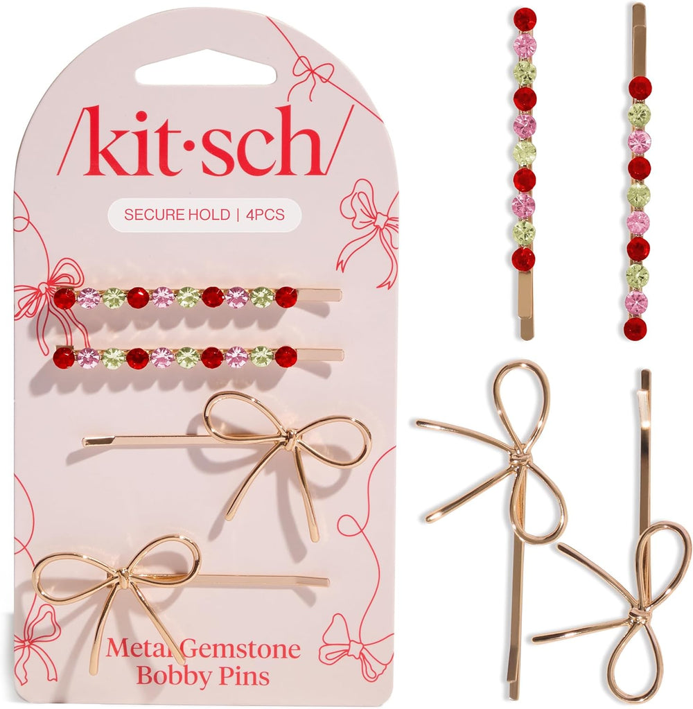 Kitsch metal bow and gemstone bobby pins set front view showing all four pieces