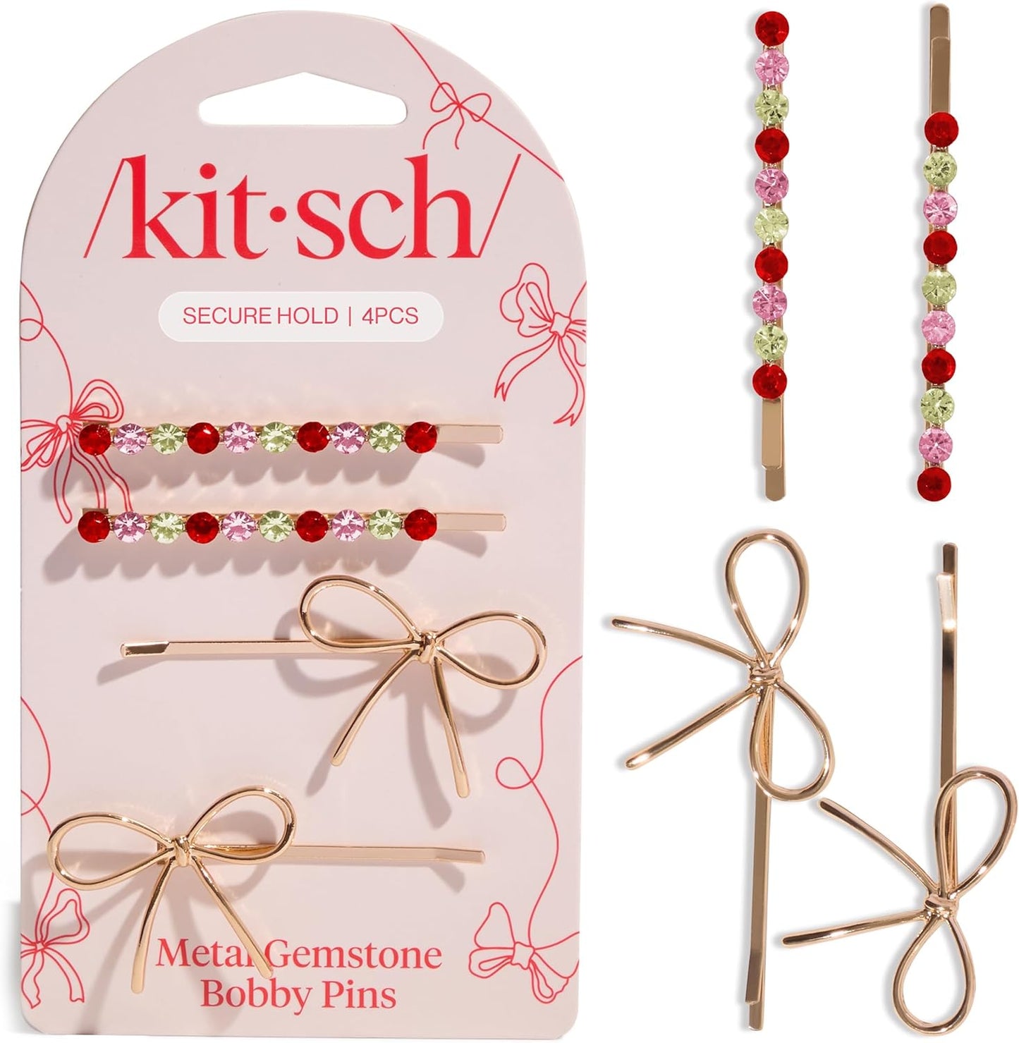 Kitsch metal bow and gemstone bobby pins front view showing rhinestone details