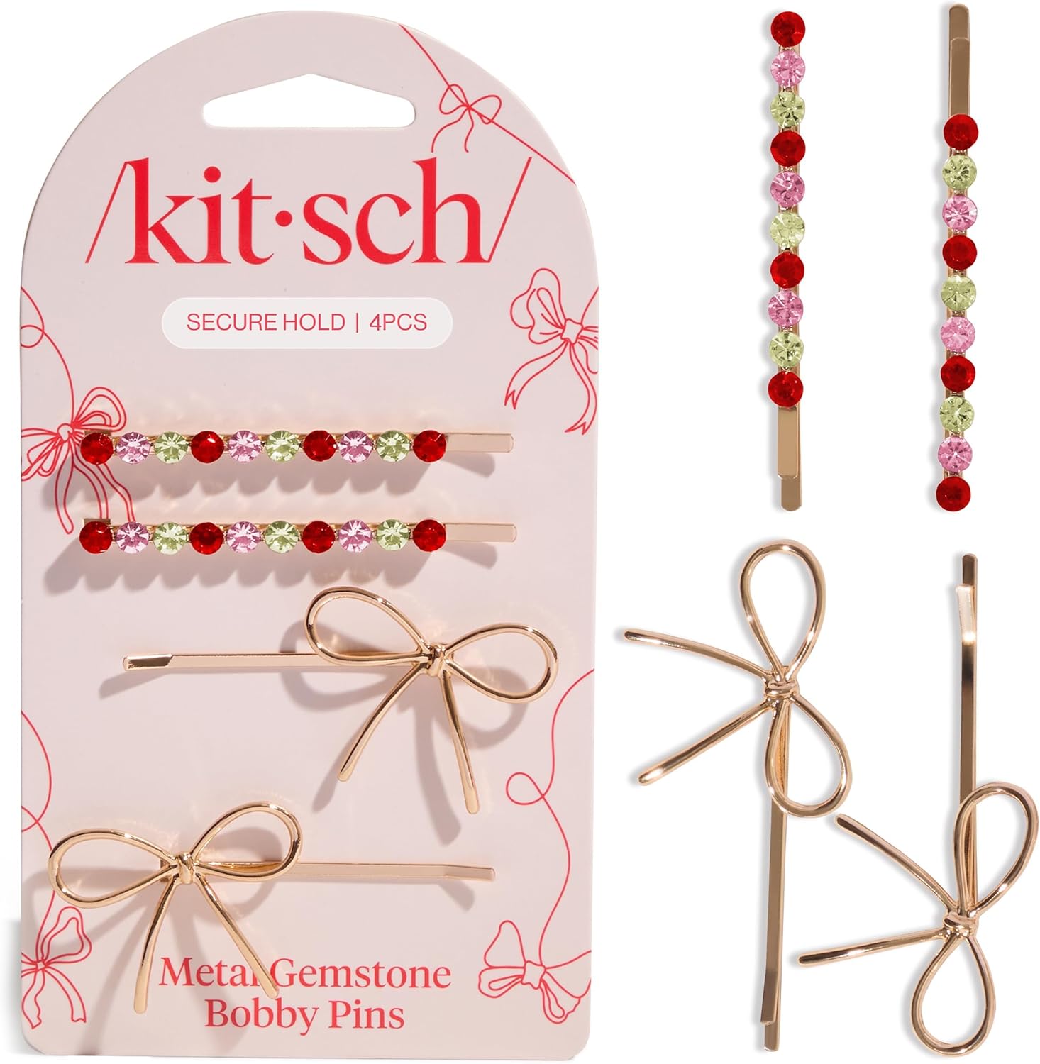 Kitsch metal bow and gemstone bobby pins front view showing rhinestone details