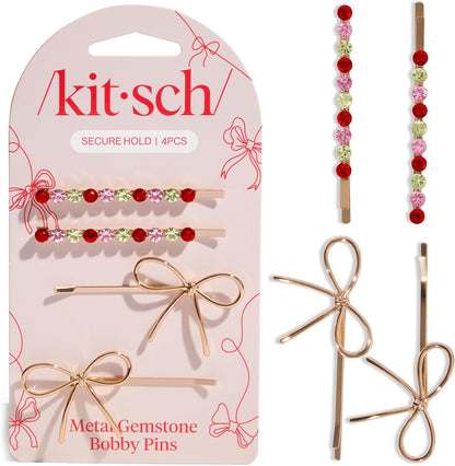 Kitsch metal bow and gemstone bobby pins front view showing rhinestone details