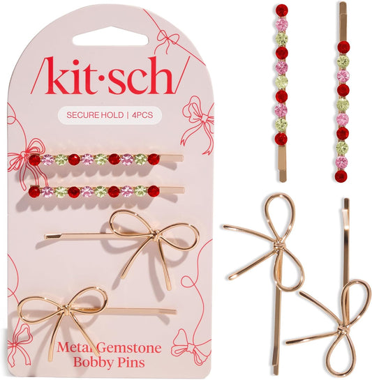 Kitsch metal bow and gemstone bobby pins front view showing rhinestone details
