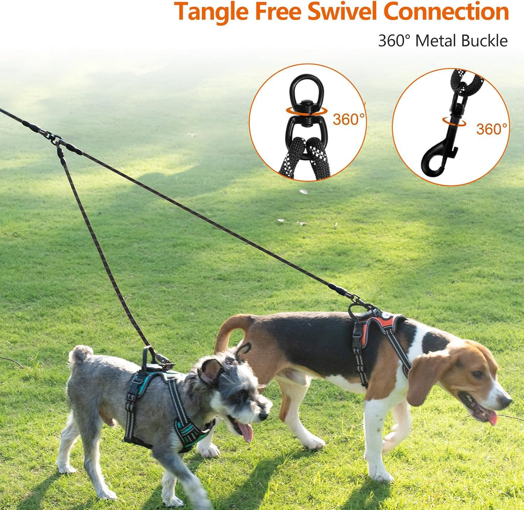 Taglory dual leash extension for two dogs displaying the 360 degree tangle free swivel hardware.