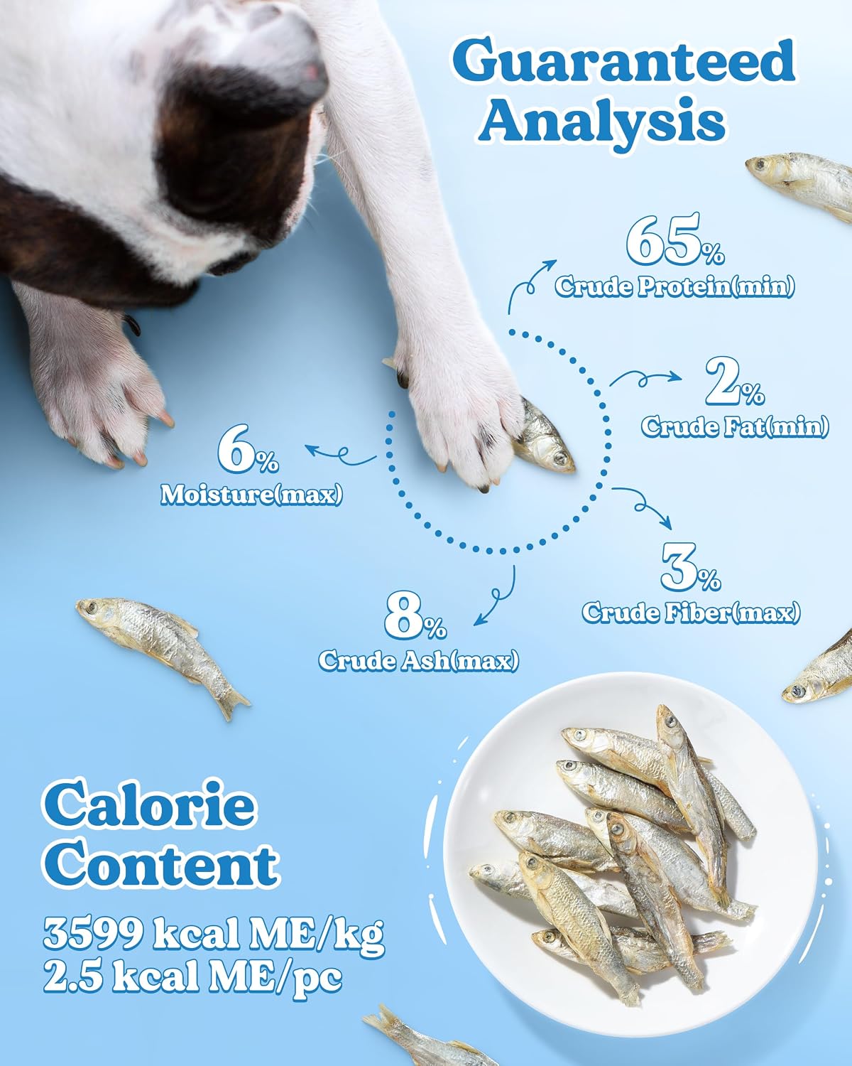 Pawaura raw fish treats container next to a healthy dog demonstrating the ideal size for daily rewards.