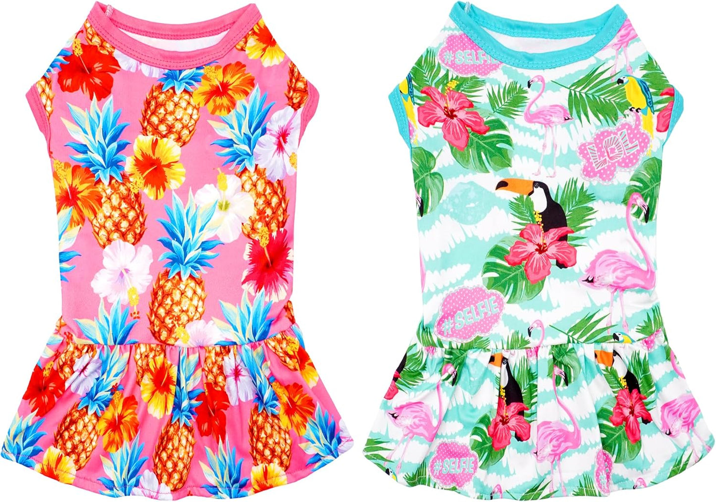 JpGdn Hawaiian dog dress front view featuring pink pineapple and flamingo tropical print.