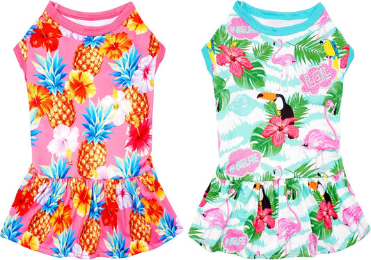 JpGdn Hawaiian dog dress front view featuring pink pineapple and flamingo tropical print.