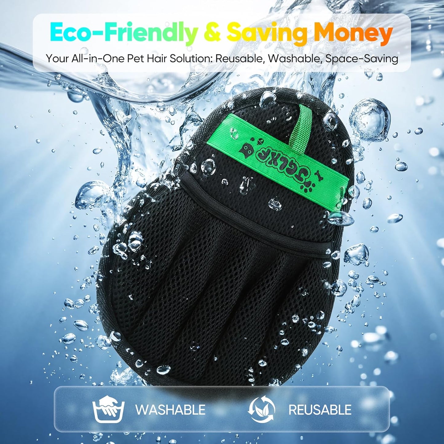 Washable electrostatic pet hair glove being rinsed under water