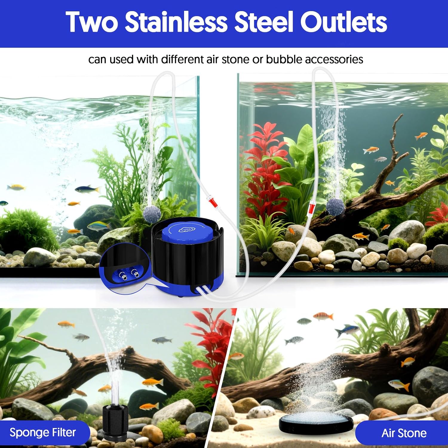 Close up of QZQ aquarium air pump stainless steel dual outlets