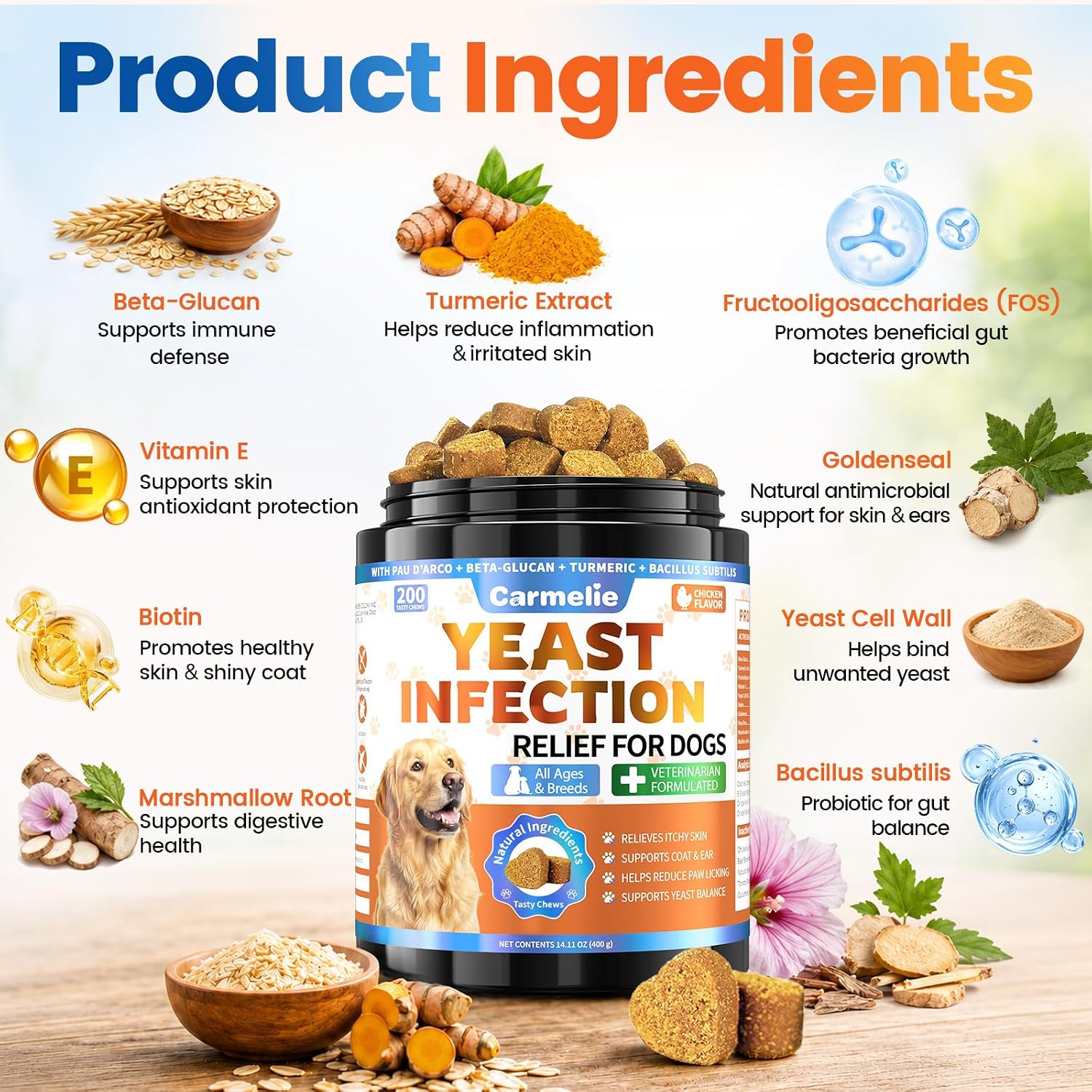 Supplements jar displaying 70 days supply timeline for pet skin inflammation relief.