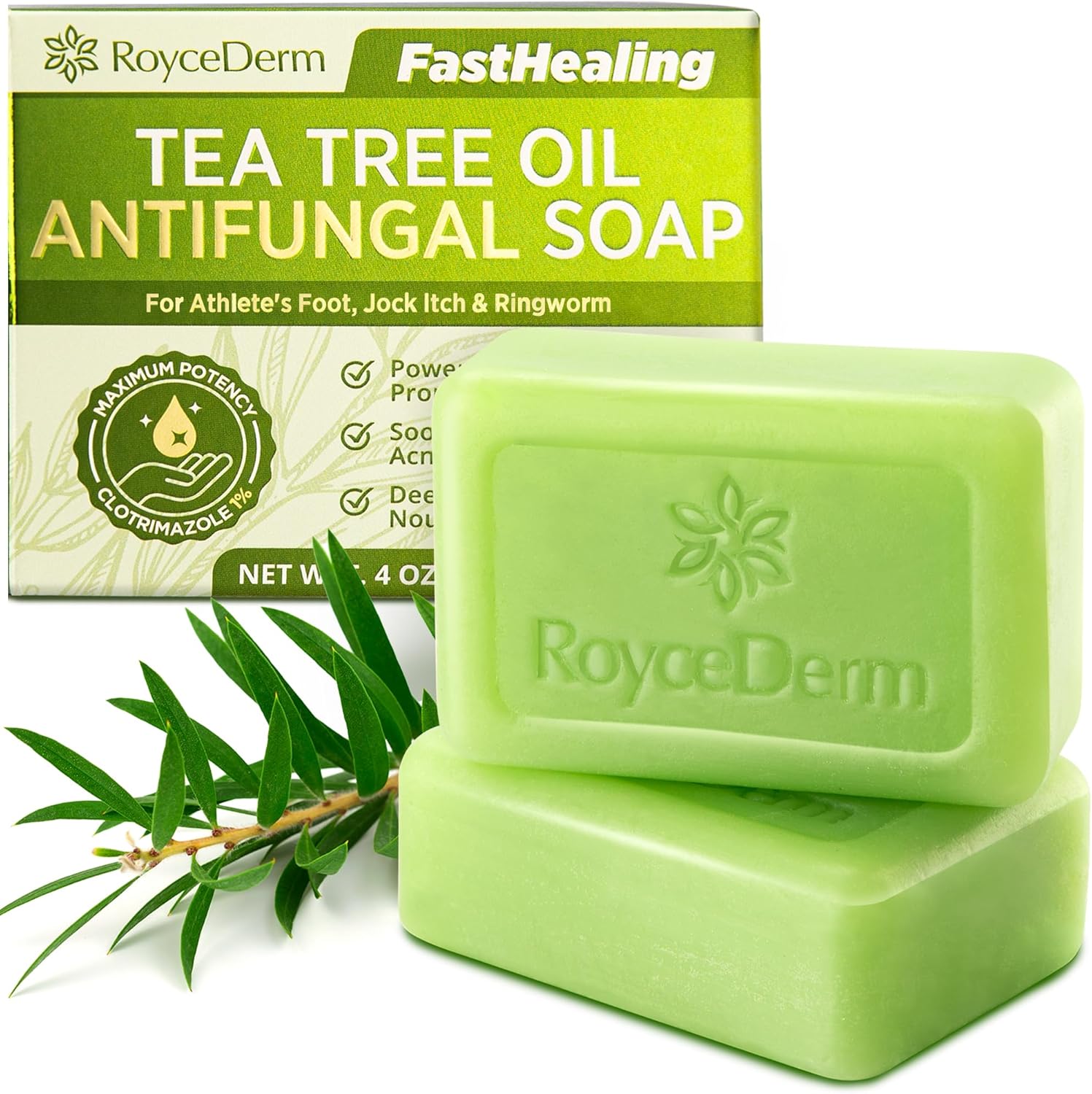 Roycederm Antifungal Bar Soap front packaging view showcasing medicated clotrimazole skin treatment.