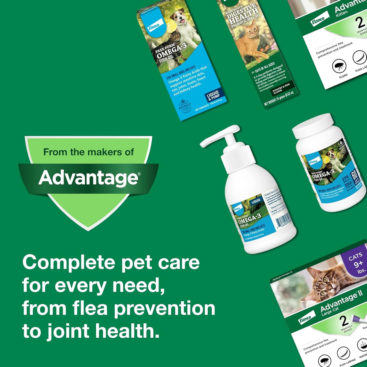 Side profile of Advantage II Large Cat flea preventative packaging detailing safety warnings and storage information.