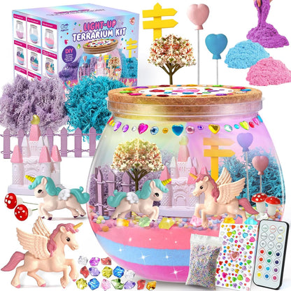 SparkleMe Unicorn Terrarium Crafts Kit front view of the packaging box showing the illuminated magical scene.