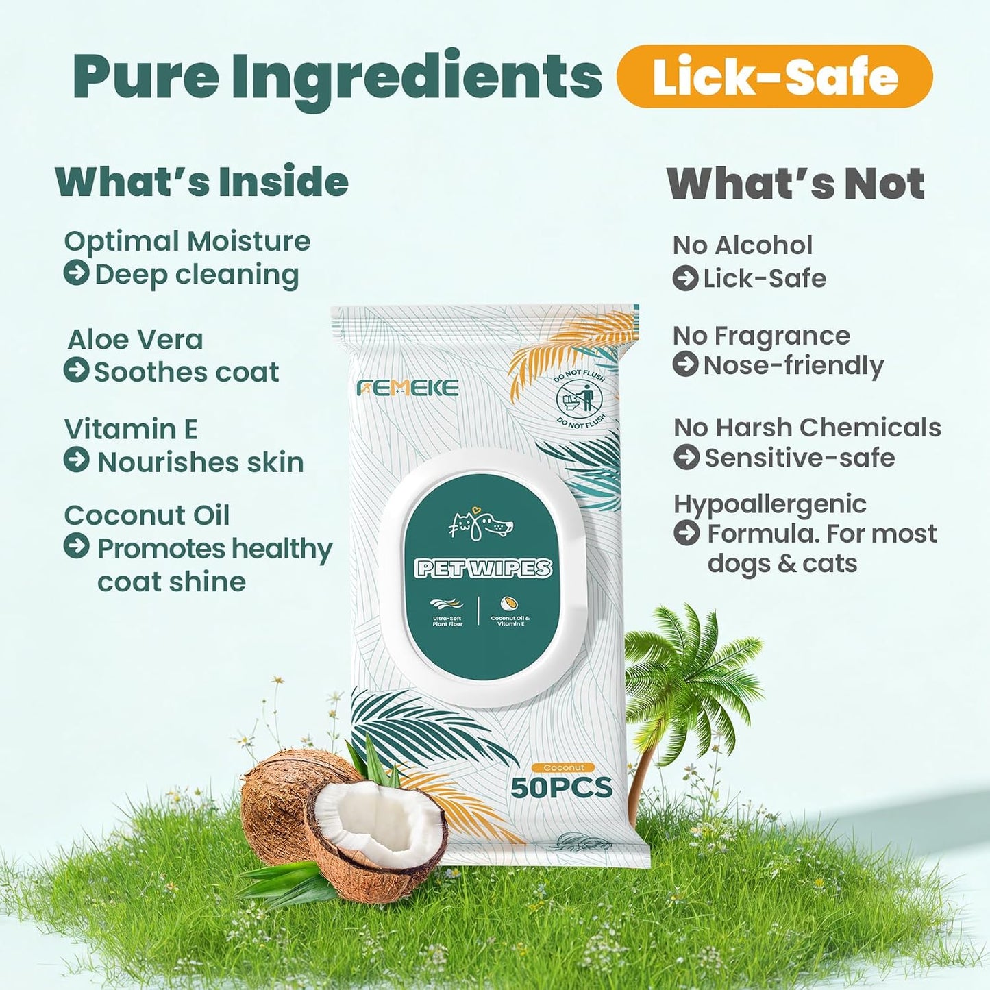 Femeke biodegradable dog wipes illustrating the flip top moisture lock resealable lid.