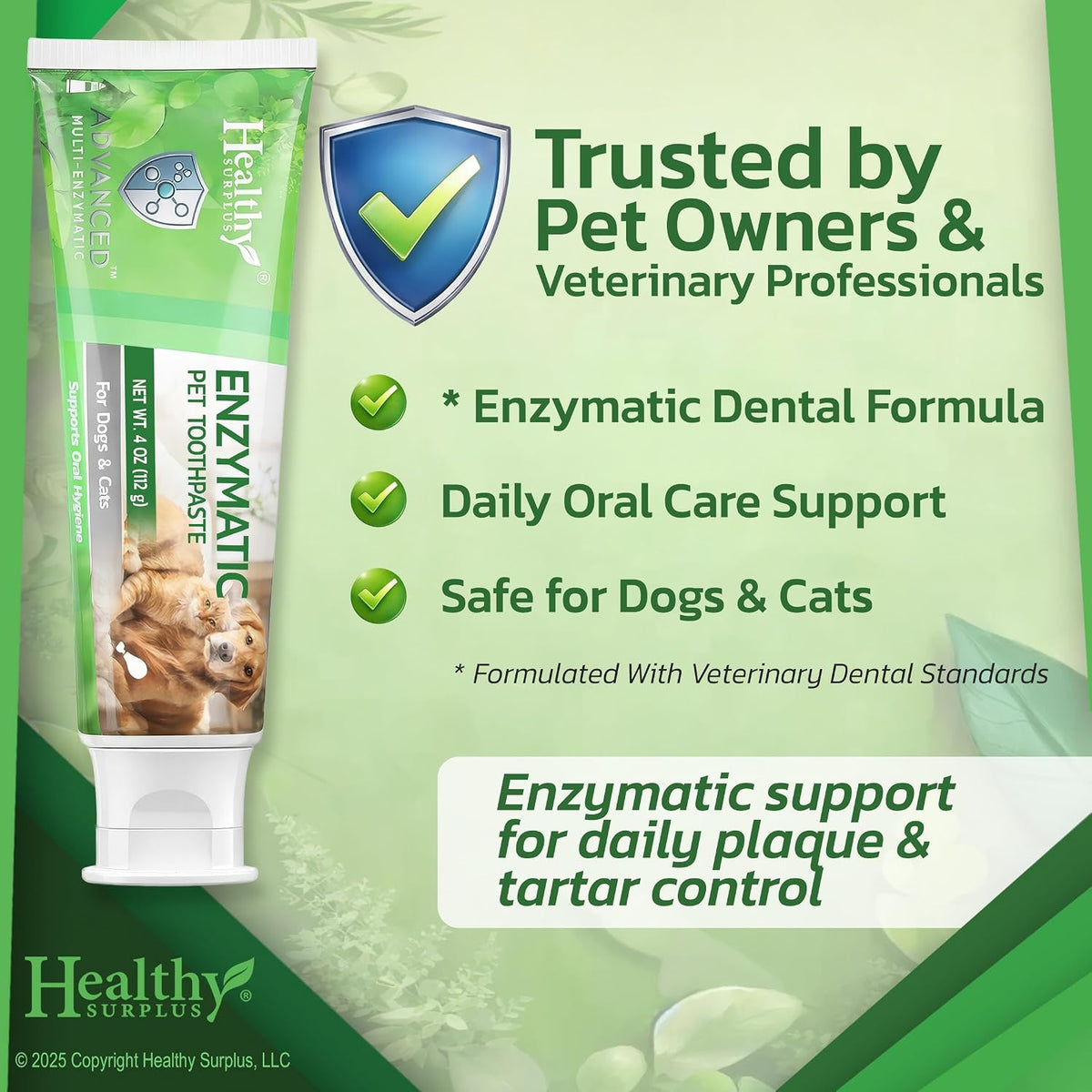 Healthy Surplus advanced 5-enzyme dog and cat toothpaste showing poultry flavor packaging