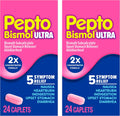 Pepto Bismol Ultra Caplets forty eight count box front view showing five symptom relief benefits