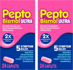 Pepto Bismol Ultra Caplets forty eight count box front view showing five symptom relief benefits