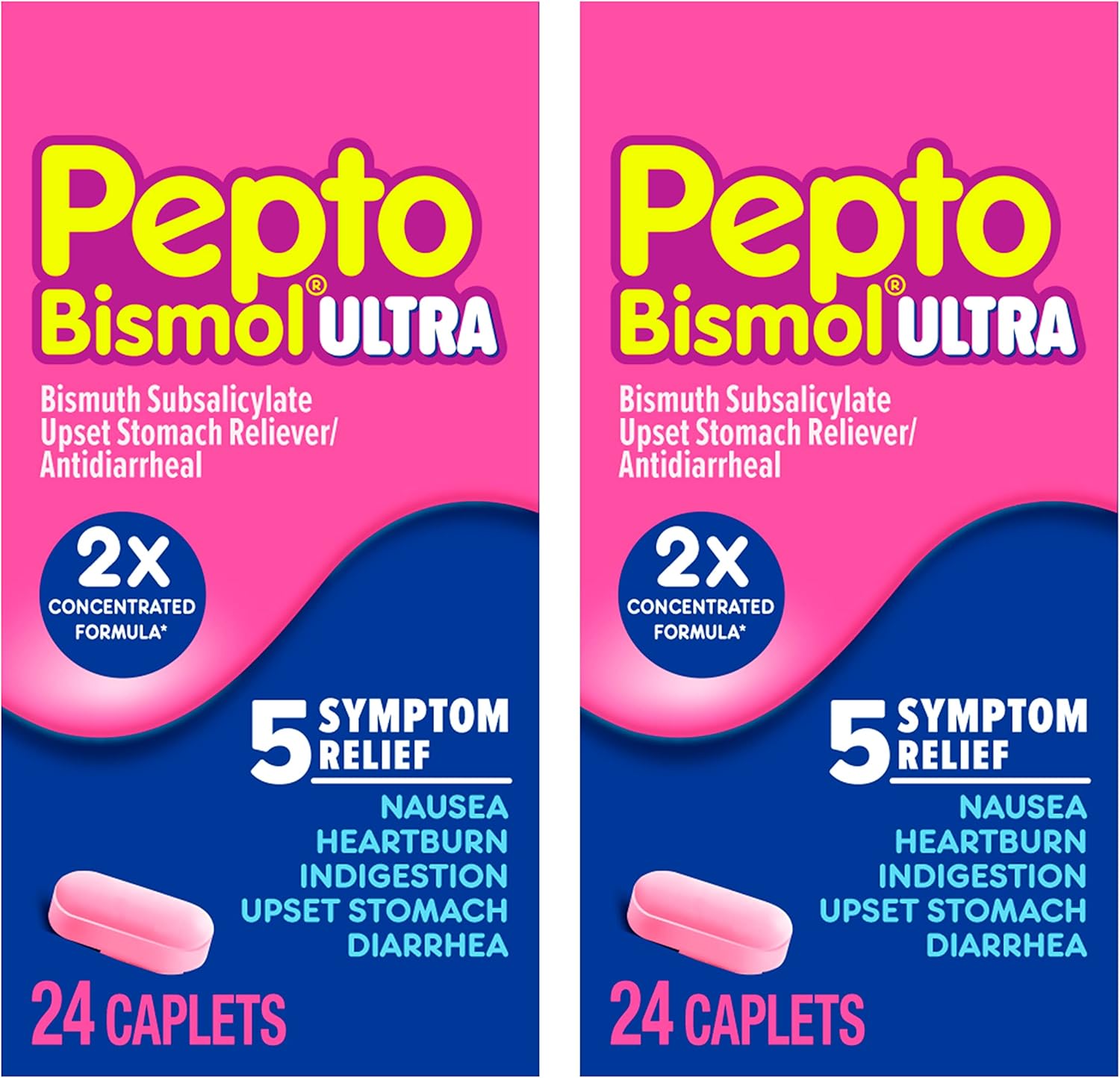 Pepto Bismol Ultra Caplets forty eight count box front view showing five symptom relief benefits