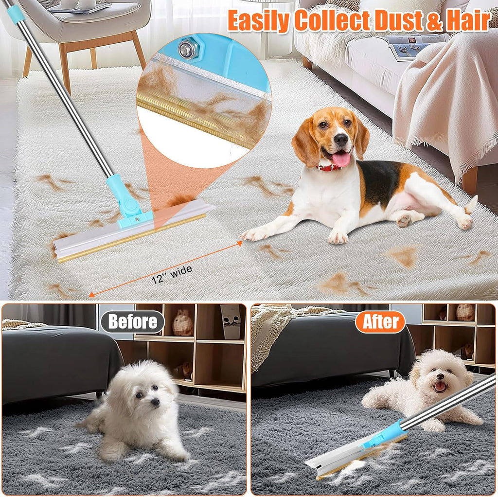 2-in-1 reusable pet hair remover tool showing metal teeth and rubber squeegee