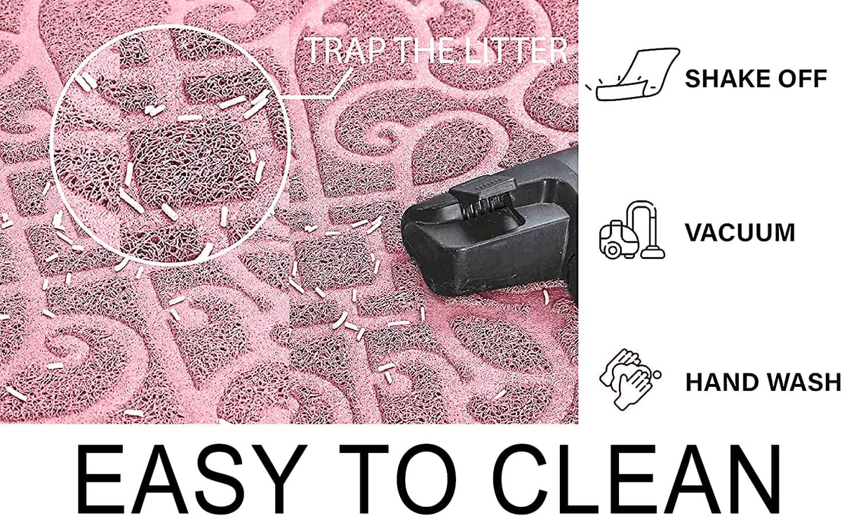 PetLike large pink litter mat positioned beside a cat tray box